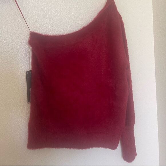 Worthington Size Medium Fuzzy Vibrant Red Off-Shoulder Sweater - Picture 6 of 11